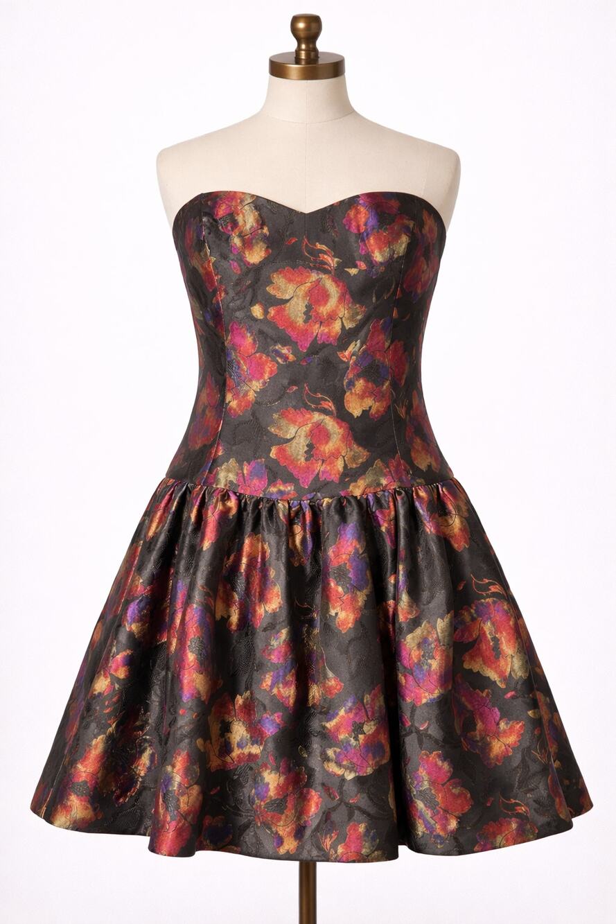 David Meister | Strapless Floral Dress Black Cocktail Fit & Flare Colorful
